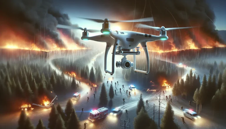 Un drone in volo sopra un'area colpita da un disastro, pronto a supportare le operazioni di soccorso e salvataggio.