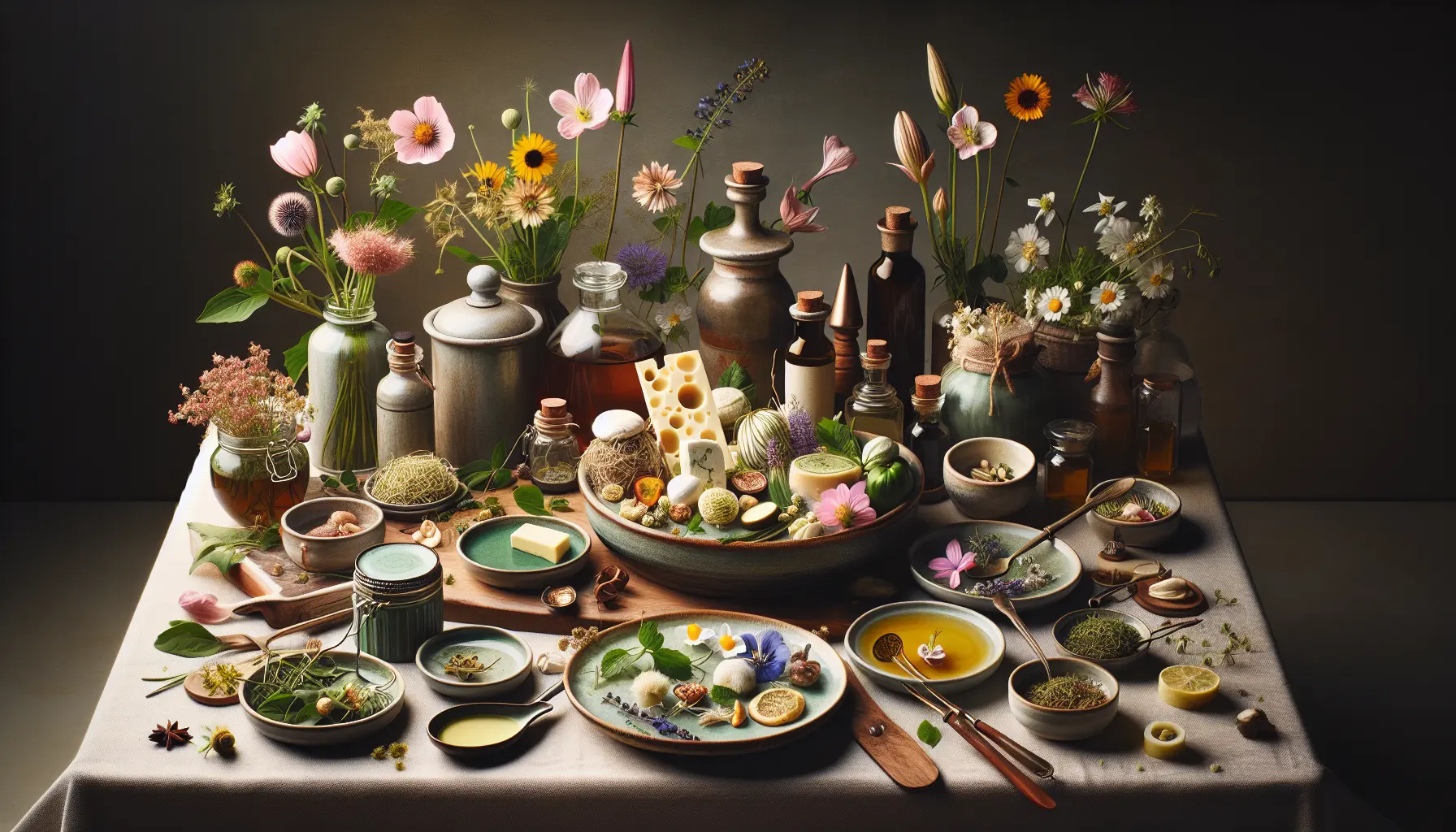 Un giardino rigoglioso con erbe aromatiche e fiori edibili colorati, perfetti per arricchire i piatti.