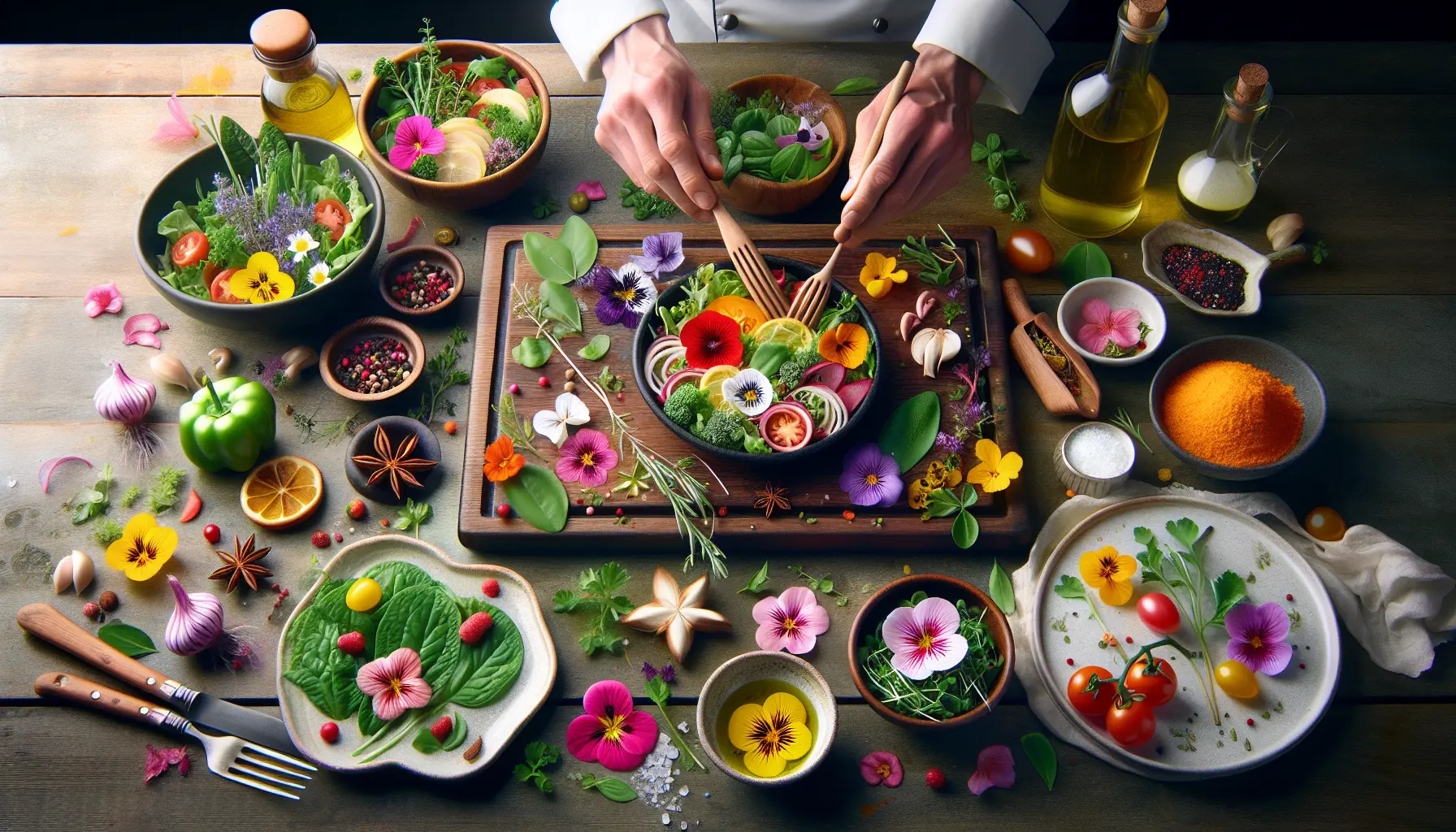 Un piatto decorato con erbe e fiori edibili, mostrando la bellezza e la freschezza degli ingredienti naturali.