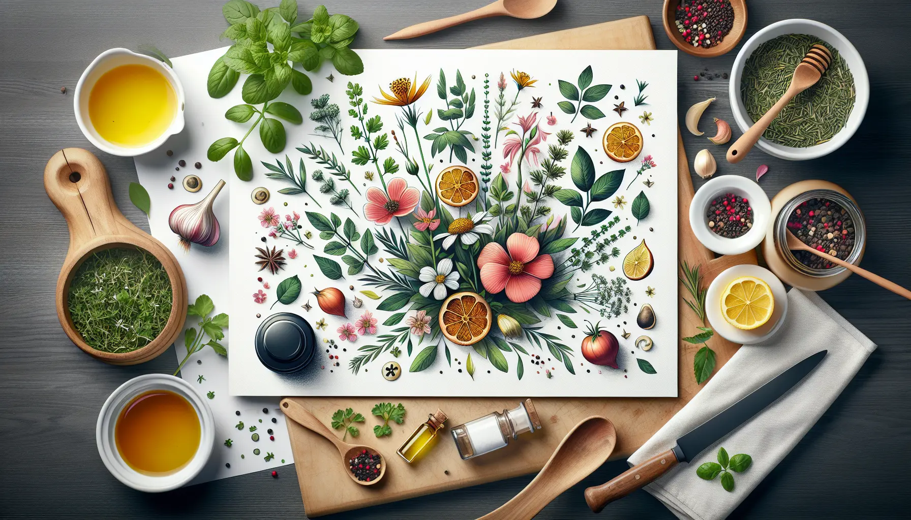 Un piatto decorato con erbe e fiori edibili, mostrando colori vivaci e una presentazione elegante.
