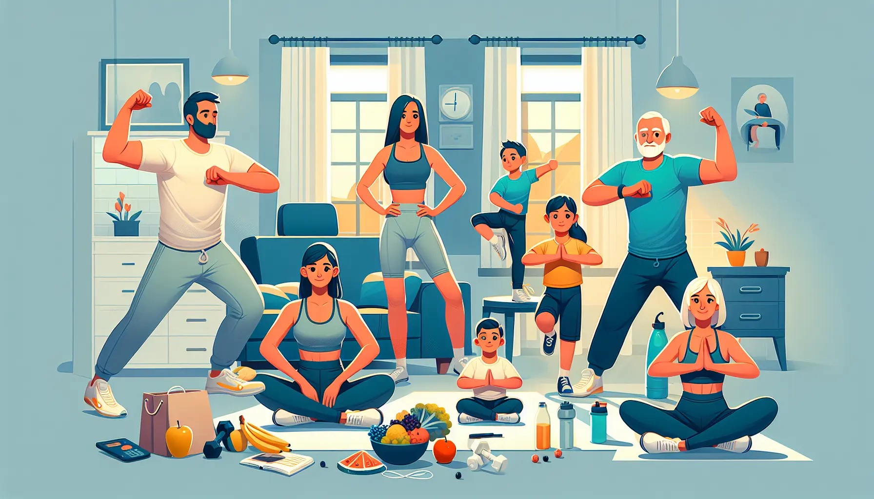 Una famiglia che si allena insieme in un ambiente domestico accogliente, praticando esercizi fisici per il benessere.