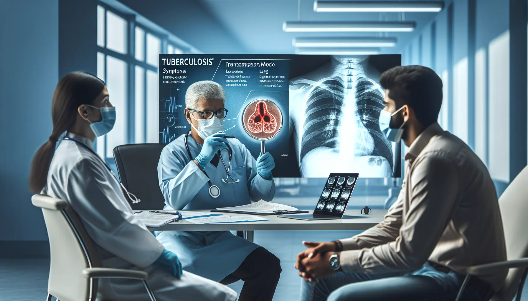 Rappresentazione grafica della tubercolosi, mostrando i polmoni e i batteri Mycobacterium tuberculosis.