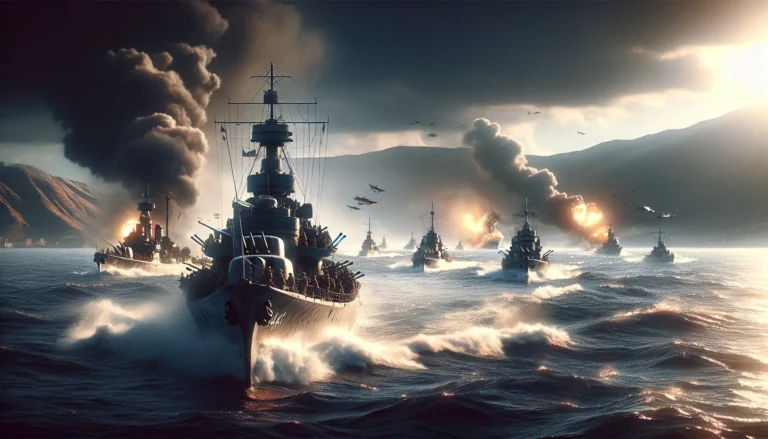 Rappresentazione della battaglia di Capo Matapan con navi da guerra in azione nel Mediterraneo.