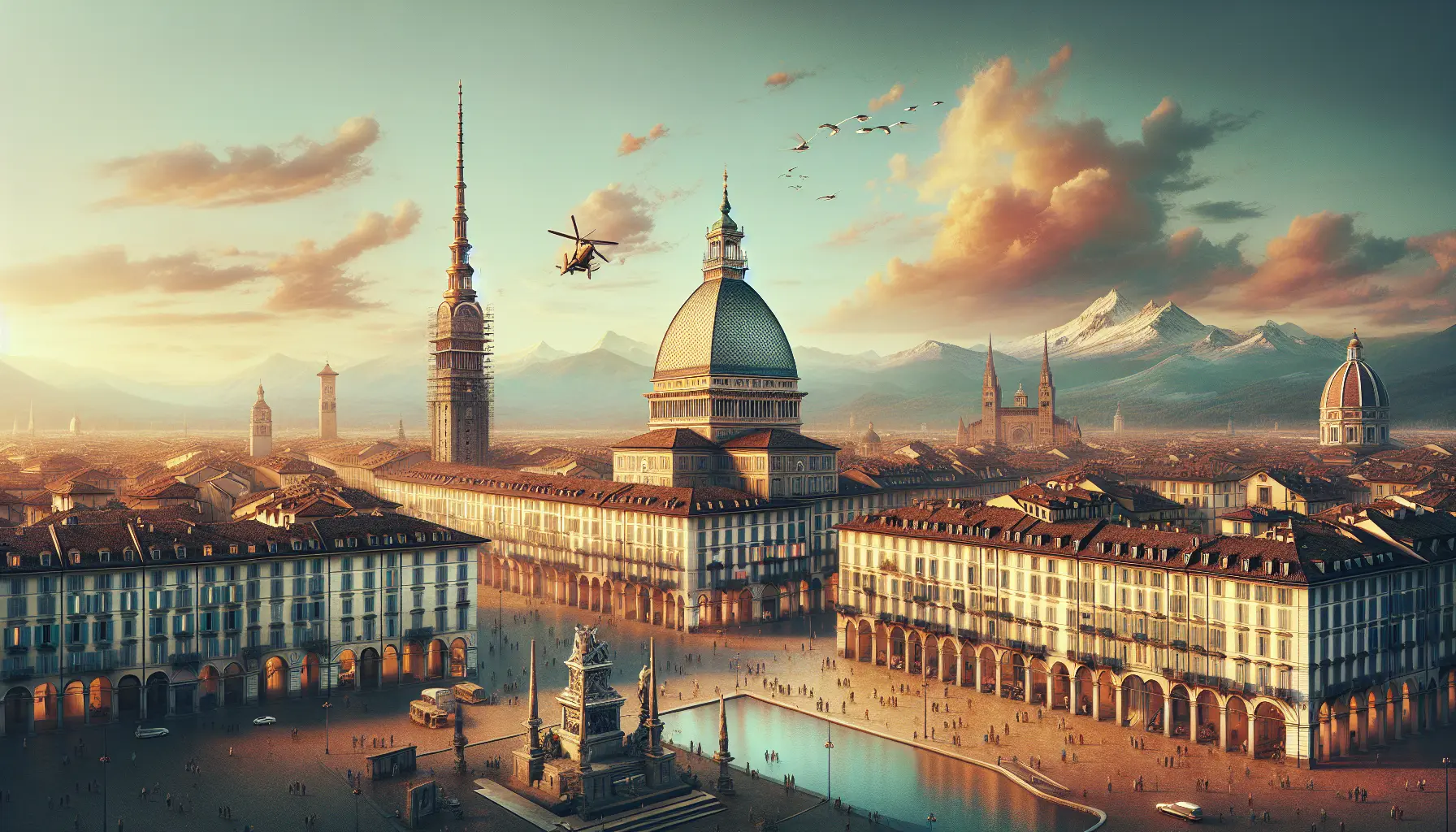 Vista panoramica di Torino con la Mole Antonelliana che svetta nel cielo, circondata da storiche architetture e monti sullo sfondo.