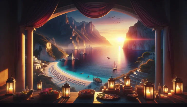 Vista panoramica di Tropea con il mare cristallino e il tramonto sullo sfondo