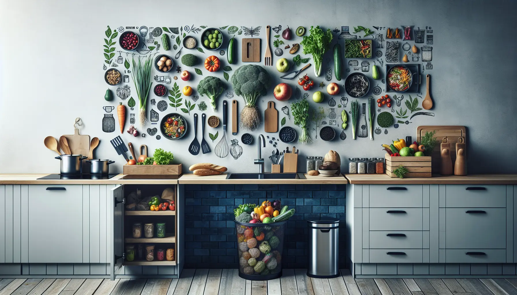 Un tavolo da cucina con ingredienti freschi e piatti preparati, simbolo della riduzione degli sprechi alimentari.