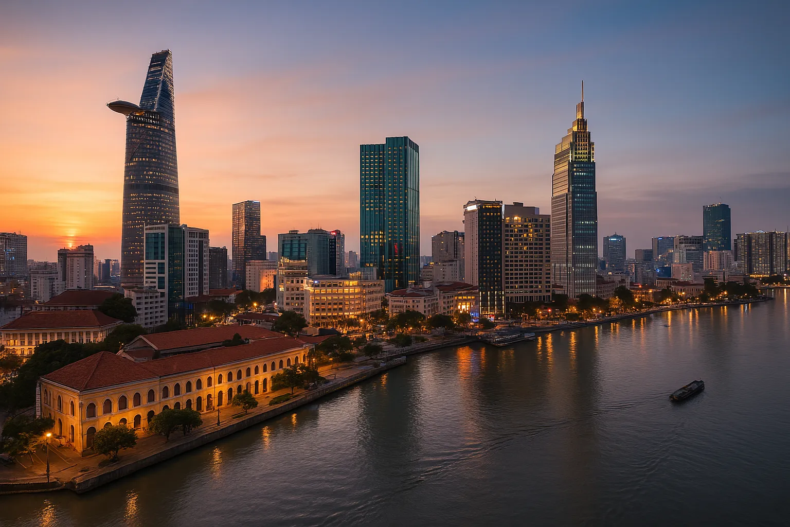 Panorama al tramonto di Ho Chi Minh City con skyline moderno, edifici coloniali e fiume Saigon