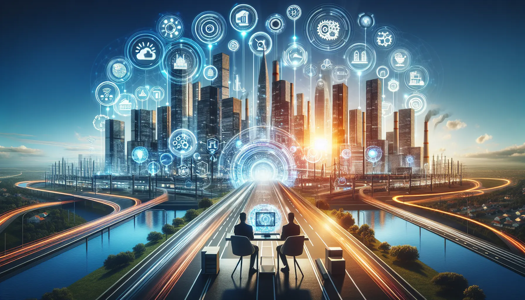 Rappresentazione grafica di un gemello digitale che simula un processo industriale e urbano.