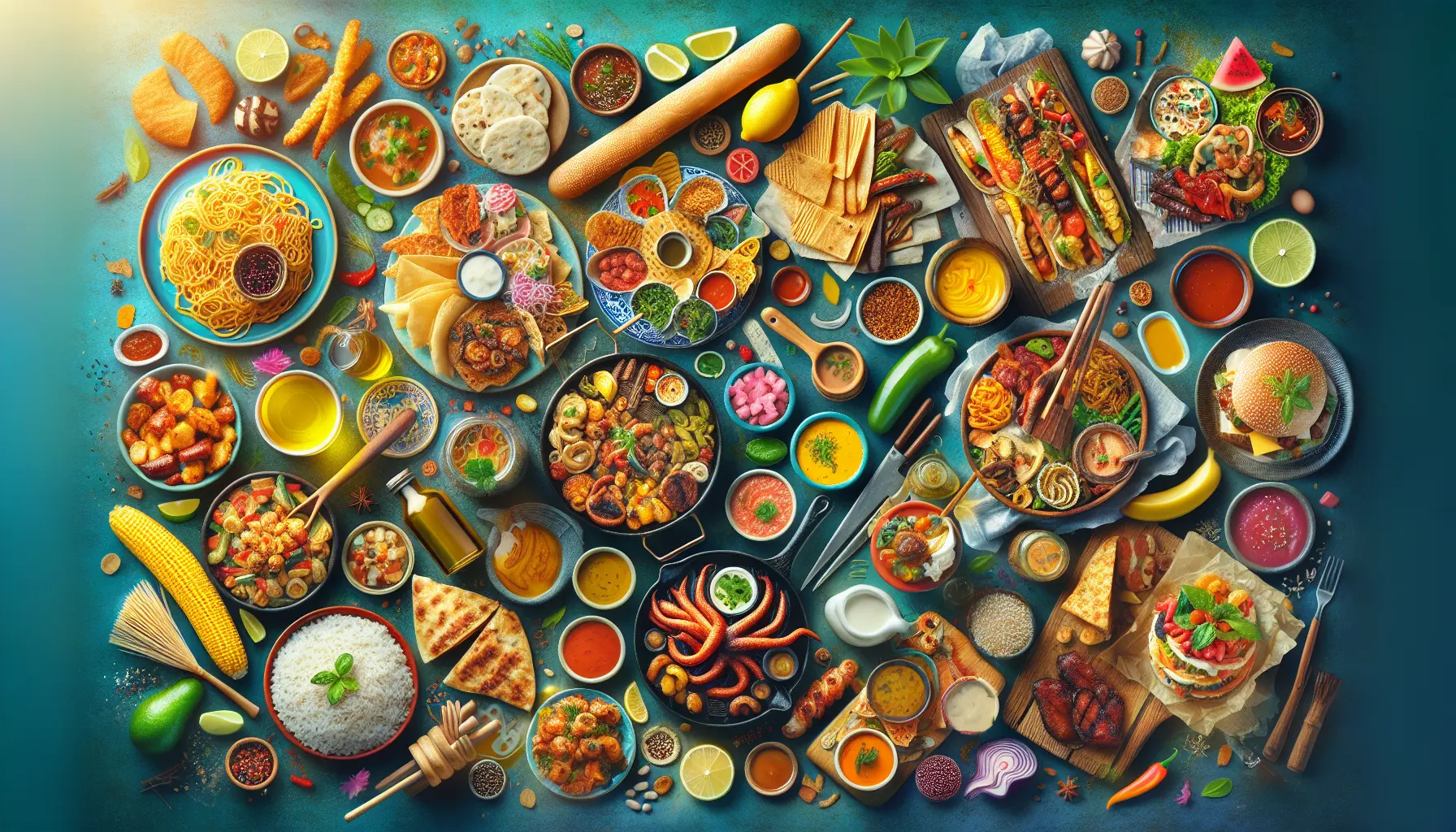 Una varietà di cibi da strada esposti in un mercato, mostrando piatti colorati e appetitosi.