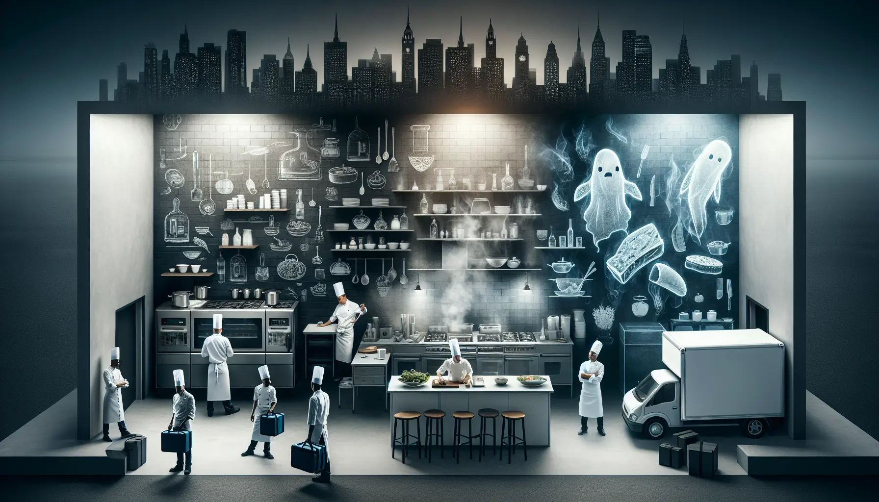 Un'immagine di una dark kitchen moderna con chef al lavoro e attrezzature professionali