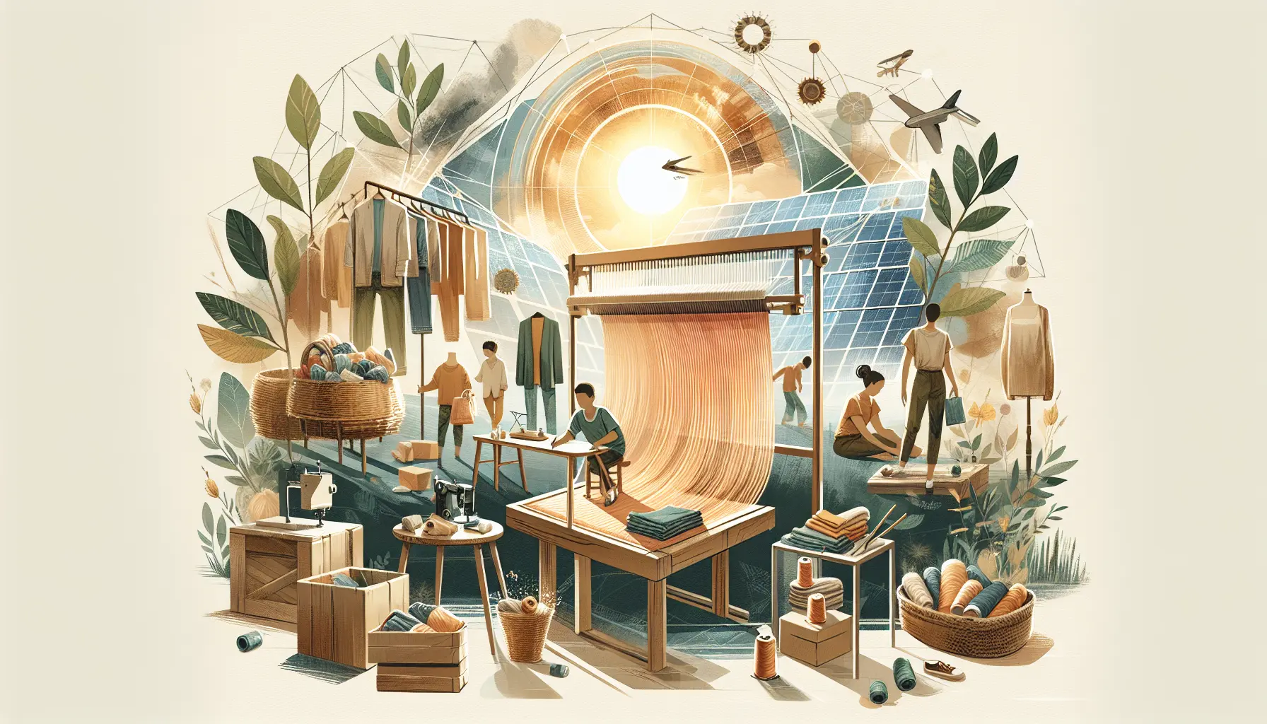 Un gruppo di famiglie impegnate in acquisti di moda sostenibile, circondati da vestiti ecologici e di seconda mano.