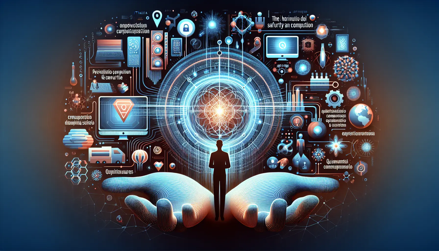Rappresentazione visiva delle tecnologie quantistiche, con circuiti e simboli quantistici che simboleggiano il calcolo e la sicurezza.