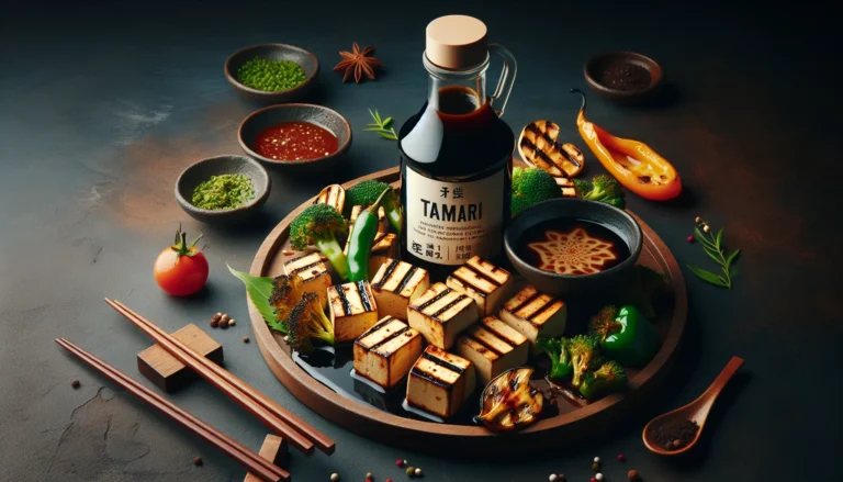 Un piatto di tofu marinato al tamari con verdure grigliate, servito su un tavolo elegante.