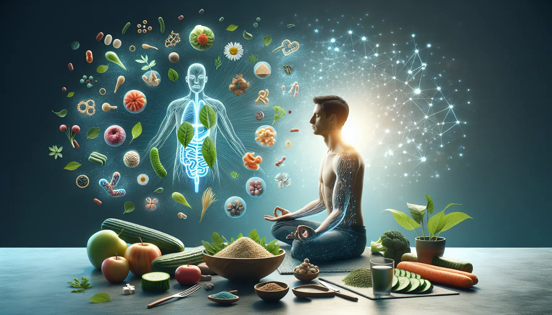 Illustrazione del microbioma intestinale e delle sue interazioni con la salute e l'alimentazione.