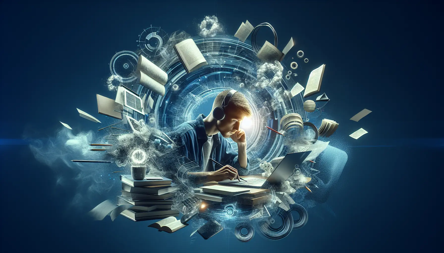 Studente concentrato nello studio in un ambiente tranquillo, circondato da libri e appunti.