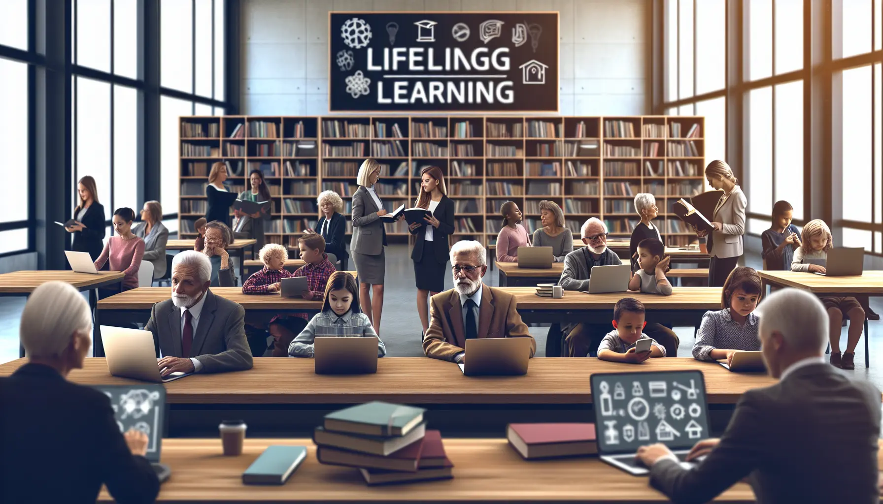 Un gruppo di persone di diverse età impegnate in attività di apprendimento insieme, simbolo del lifelong learning.