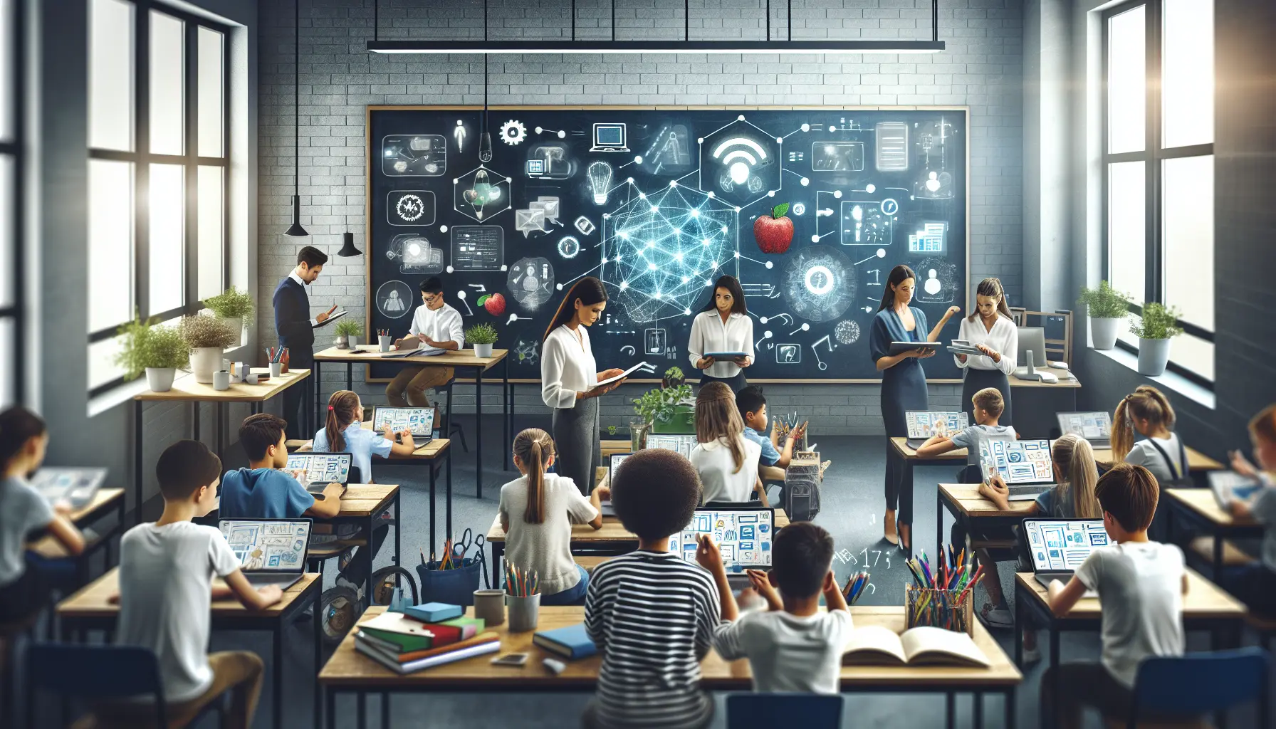 Studente che collabora con i compagni di classe utilizzando dispositivi tecnologici per un progetto di gruppo.