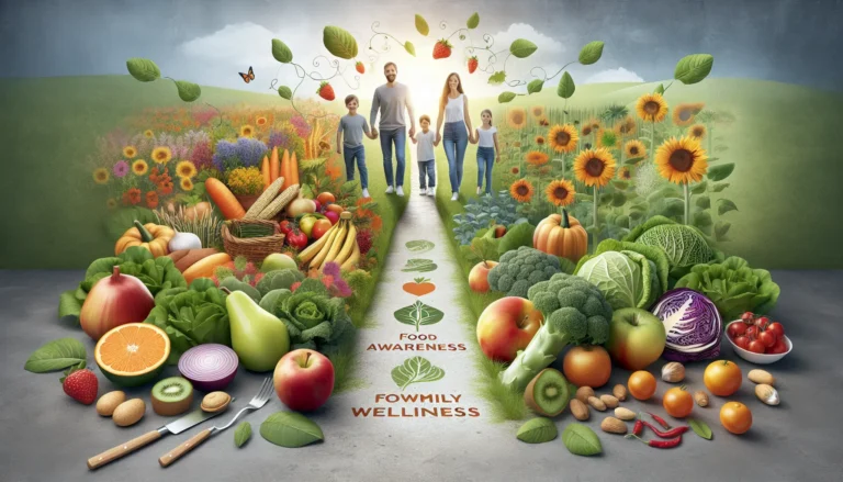 Un tavolo imbandito con cibi freschi e colorati, simbolo di consapevolezza alimentare e benessere familiare.