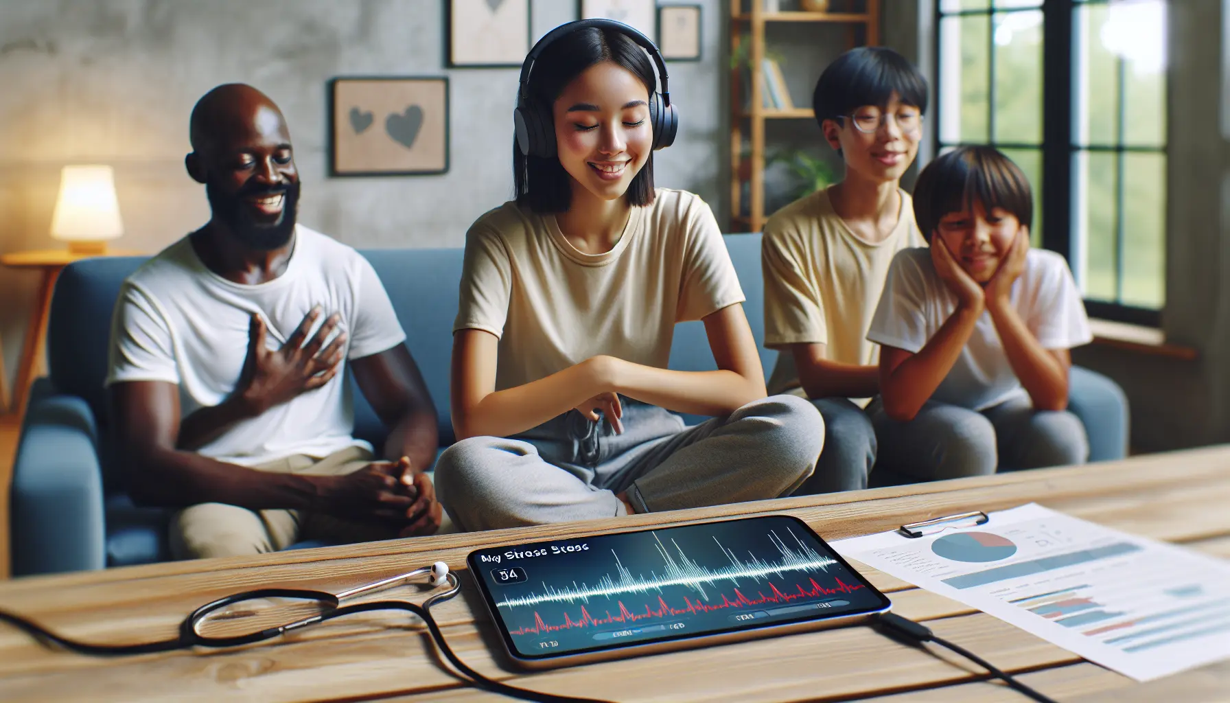 Una famiglia che ascolta musica insieme, sorridendo e ballando in salotto.