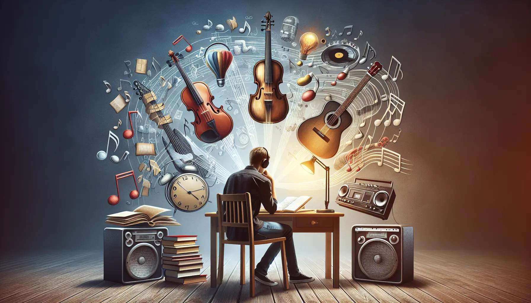 Un giovane studente con le cuffie che ascolta musica mentre studia, circondato da libri e appunti, riflettendo sulla sinergia tra musica e apprendimento.