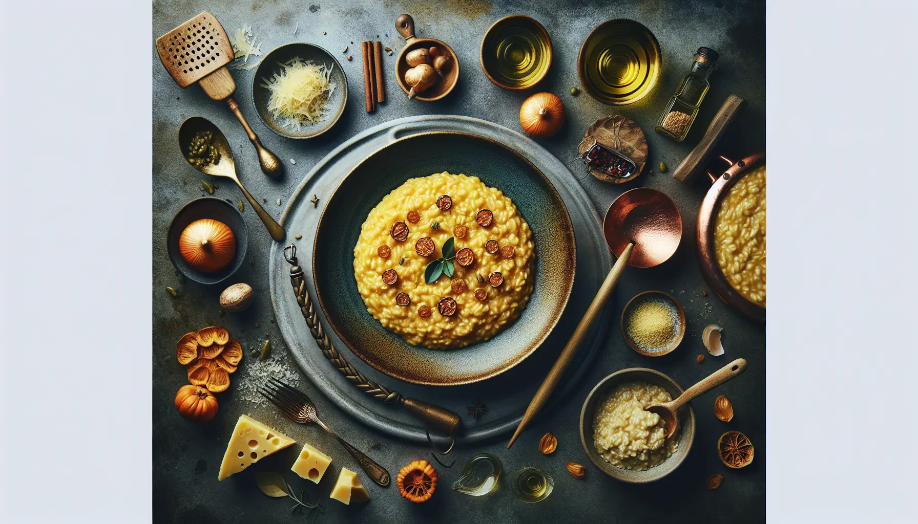 Un piatto di risotto alla milanese con zafferano, servito in un elegante piatto bianco, decorato con una spolverata di parmigiano e pepe.