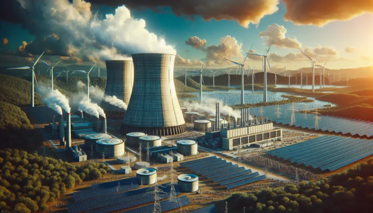 Immagine di una centrale nucleare con turbine e pannelli solari sullo sfondo, simboleggiando l'integrazione tra energia nucleare e rinnovabile.