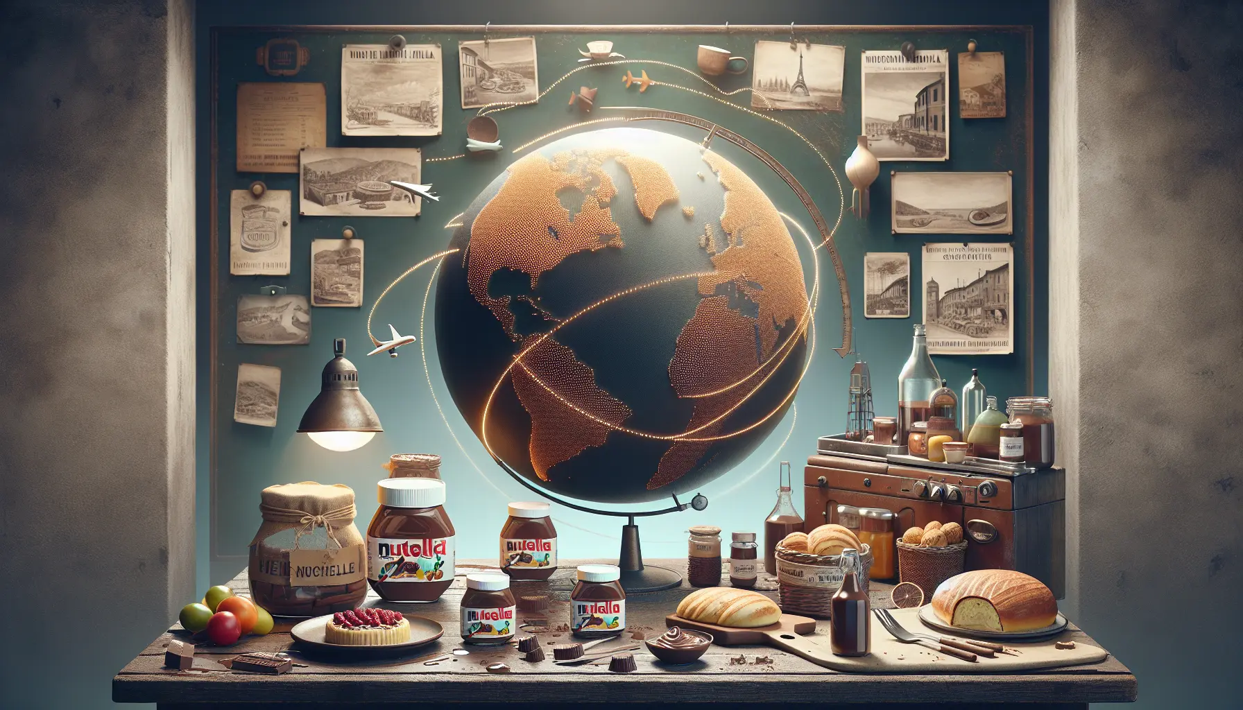 Un barattolo di Nutella aperto con un cucchiaio immerso nella crema, circondato da nocciole e fette di pane tostato.