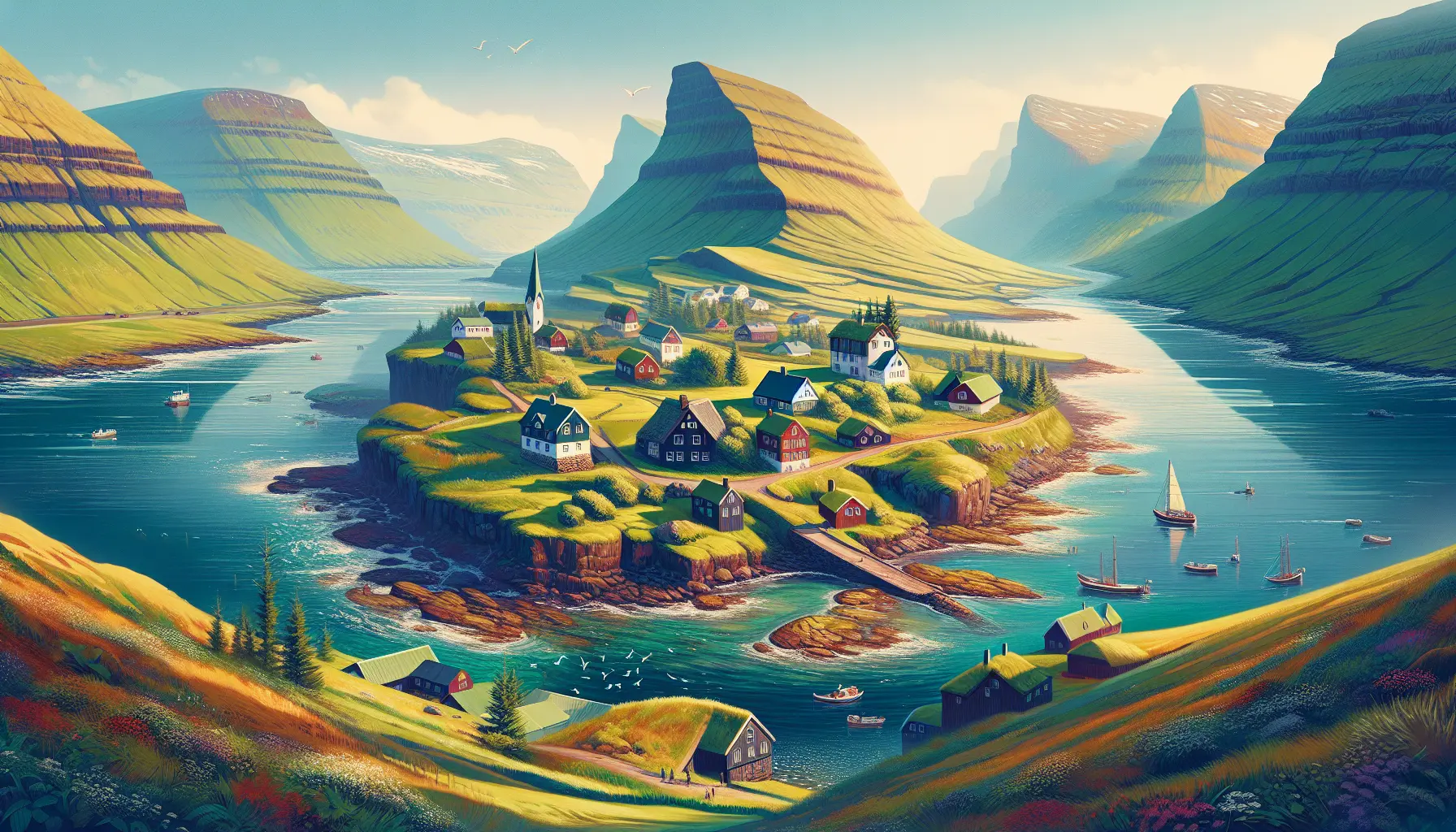 Panorama delle Isole Faroe con montagne verdi e mare blu