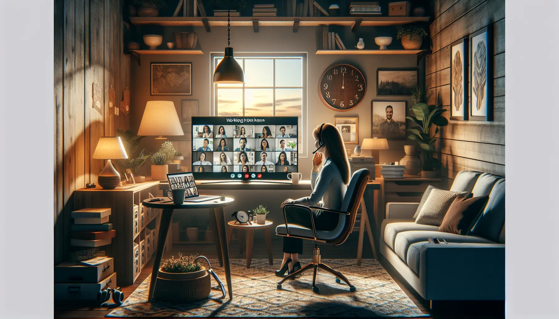 Una persona che lavora da casa, seduta a una scrivania con un computer portatile, circondata da piante e libri, in un ambiente luminoso e accogliente.