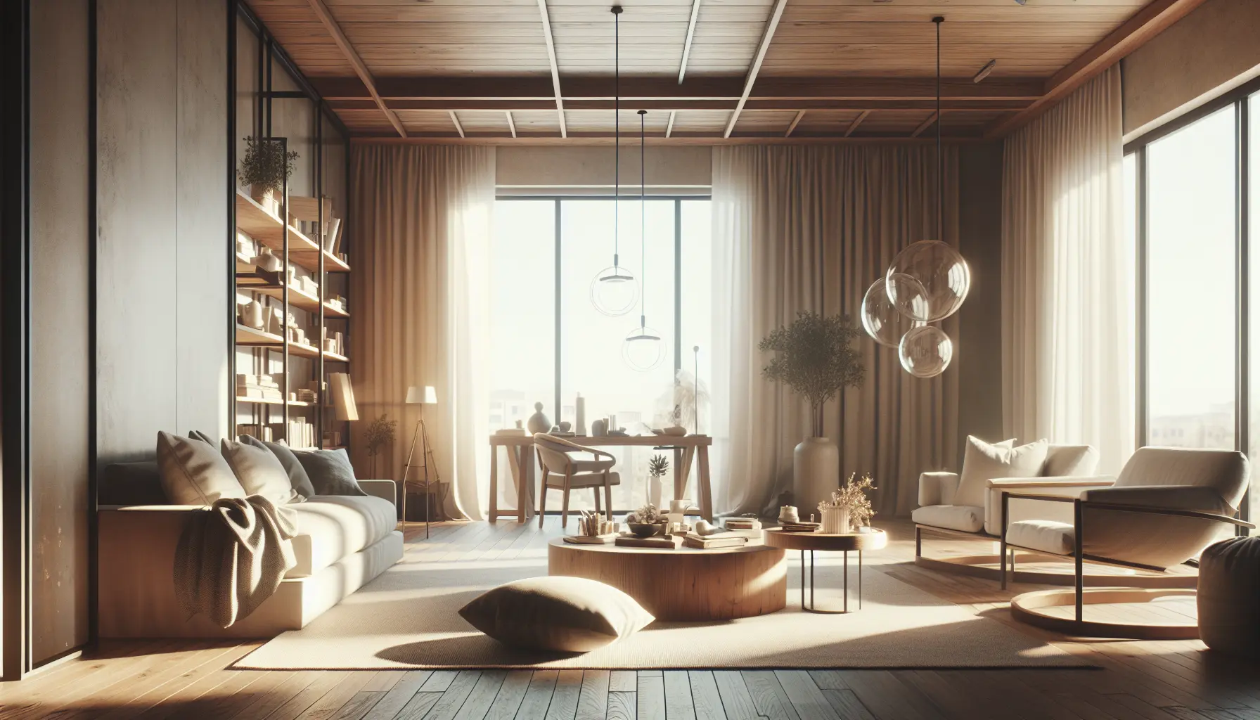 Un ambiente minimalista con pochi oggetti, colori neutri e spazi aperti che trasmettono serenità e ordine.