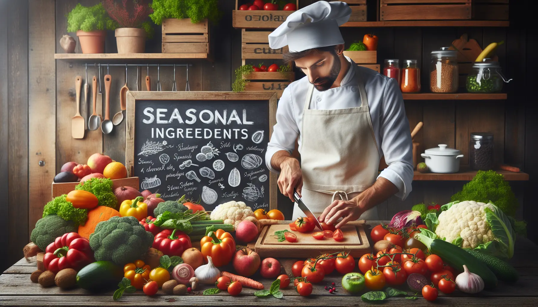Un assortimento di ingredienti freschi di stagione, tra cui verdure e frutta colorata, disposti su un tavolo di legno.