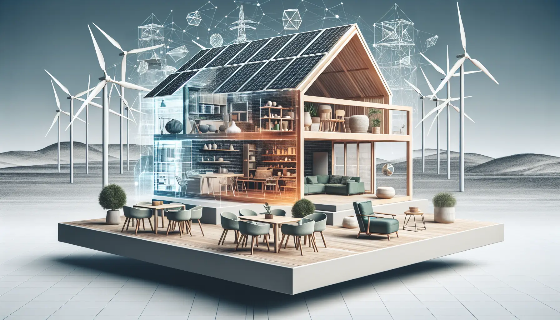 Un ambiente moderno e sostenibile con mobili eco-compatibili e spazi verdi integrati.