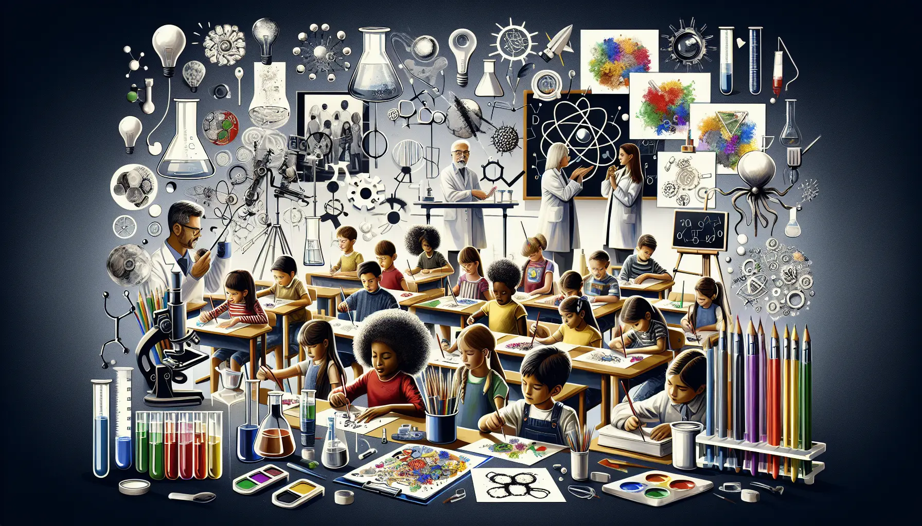 Studenti che lavorano a un progetto artistico ispirato alla scienza, combinando creatività e apprendimento scientifico.
