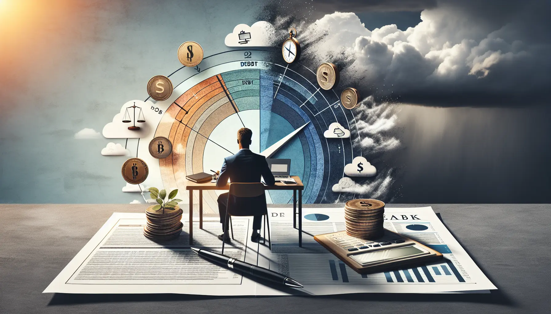 Un giovane che riflette sulla gestione del debito con un quaderno e una penna, immerso in pensieri profondi sulla sua situazione finanziaria.