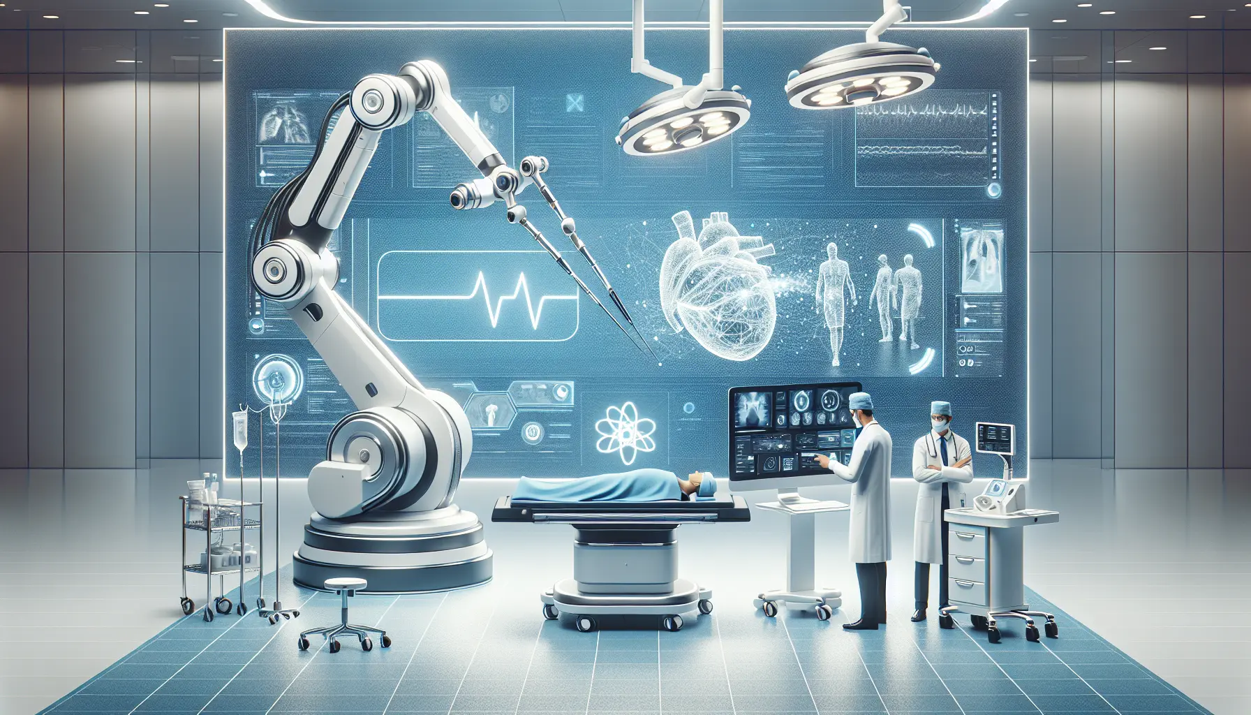 Un chirurgo utilizza un robot chirurgico durante un intervento, evidenziando l'innovazione tecnologica in medicina.