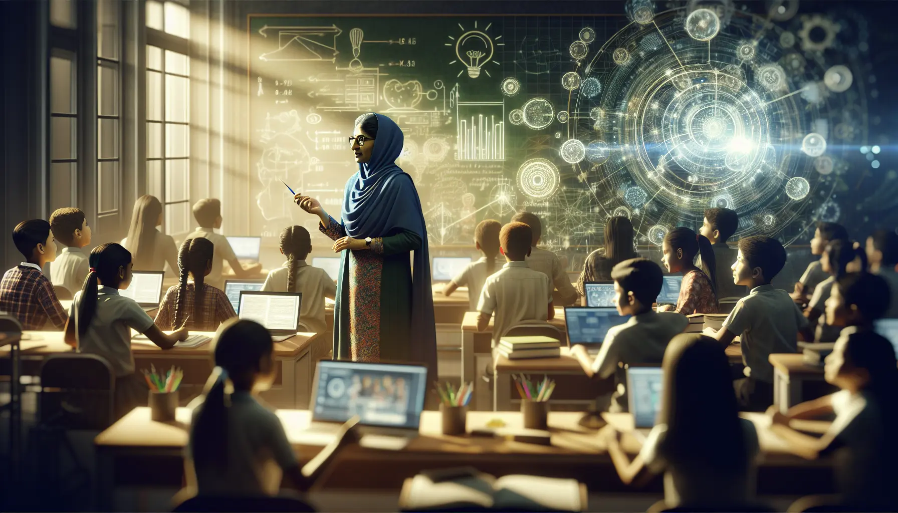 Un'aula vivace con studenti impegnati in un'attività interattiva, mentre un insegnante guida la discussione con empatia.