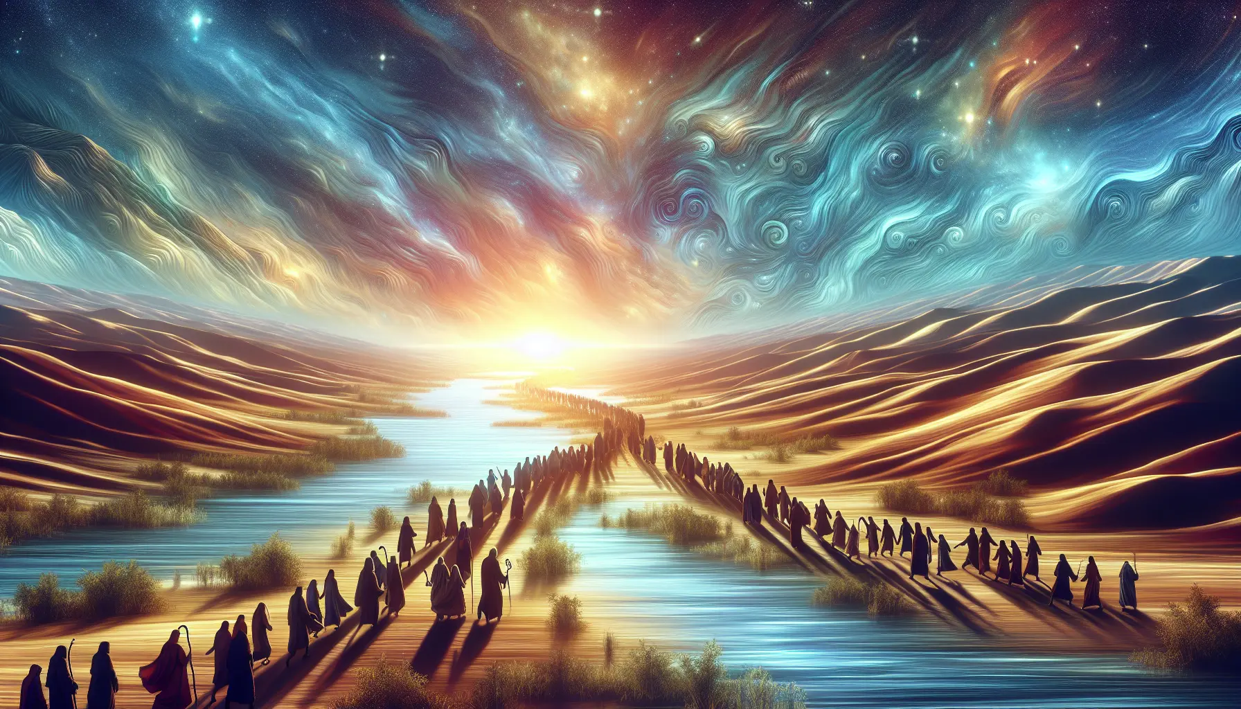 Un gruppo di persone in cammino nel deserto, simbolo di ricerca di libertà e identità.