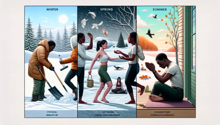 Un paesaggio che rappresenta il passaggio tra le stagioni, con alberi che cambiano colore e un cielo sereno.