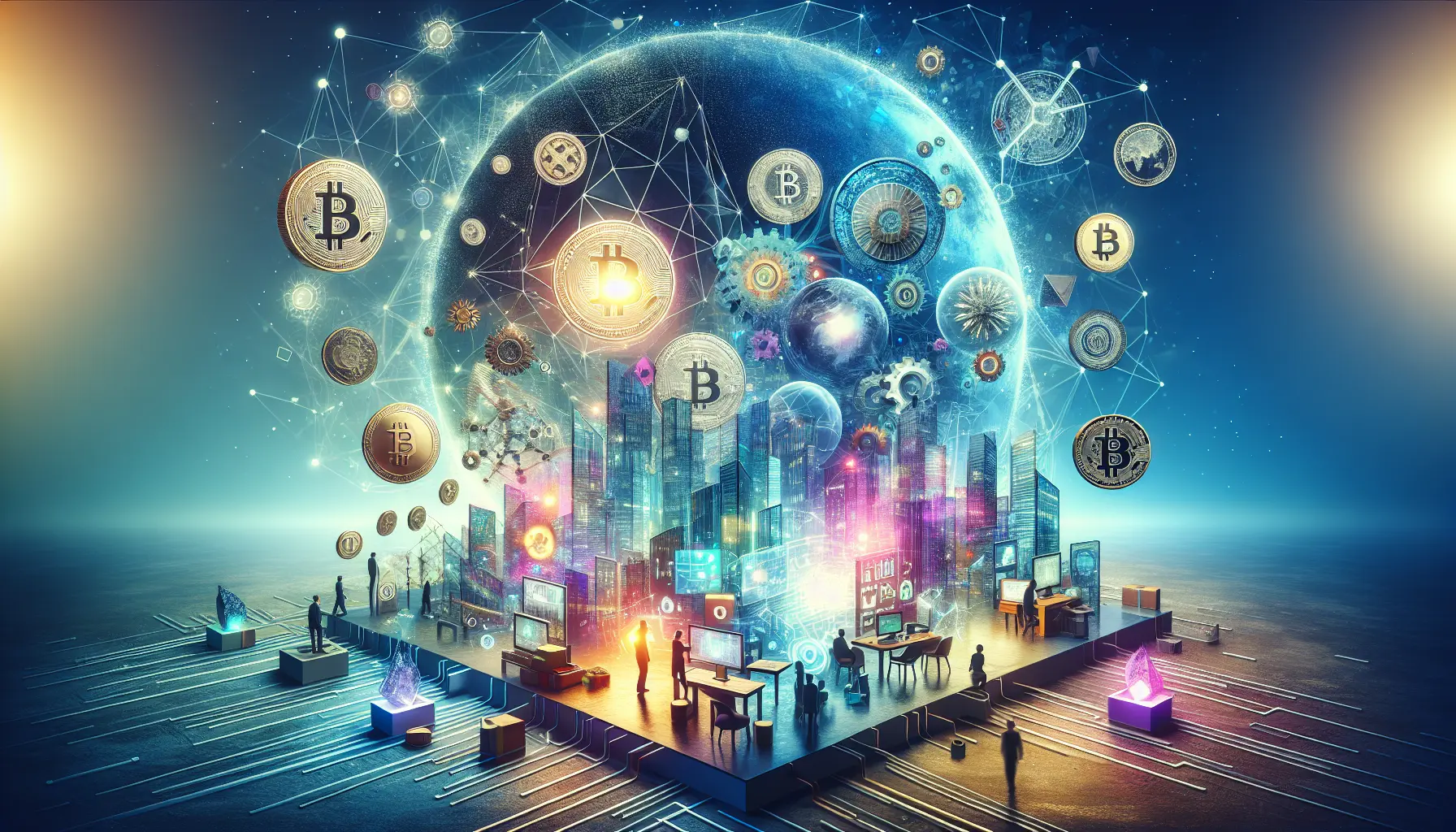 Rappresentazione visiva delle criptovalute e della loro influenza sulla società moderna, con simboli di Bitcoin e Ethereum su uno sfondo digitale.