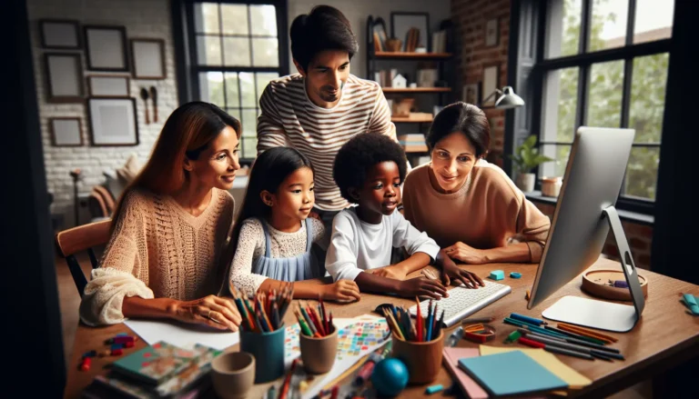 Un bambino che studia in un ambiente familiare stimolante, circondato da libri e tecnologia.