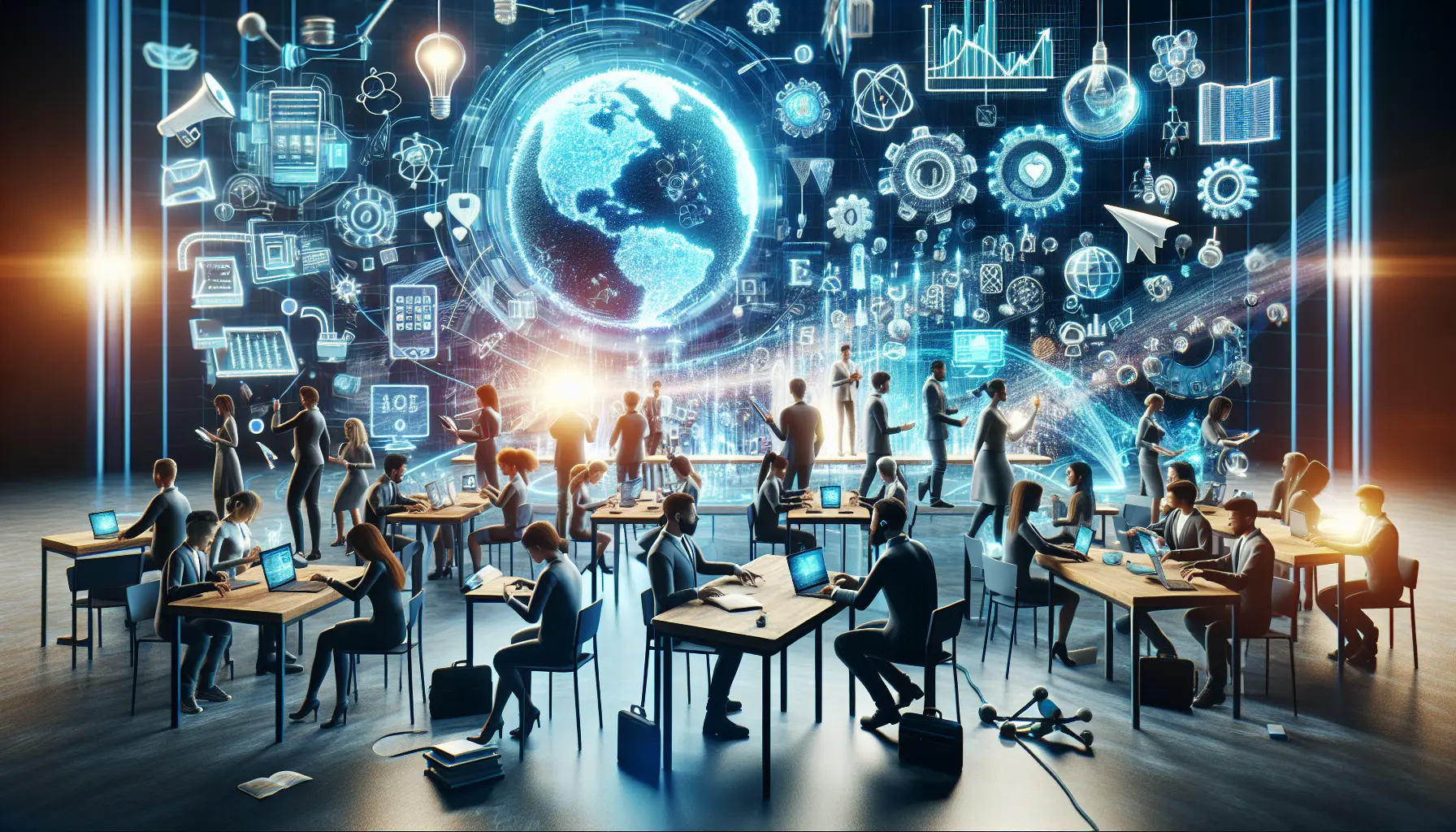 Un insegnante utilizza strumenti digitali per l'insegnamento online, mostrando un ambiente di apprendimento moderno e interattivo.