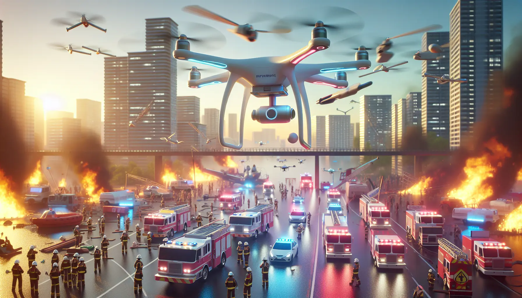 Un drone sorvola una scena di emergenza, catturando immagini aeree per aiutare i soccorritori.