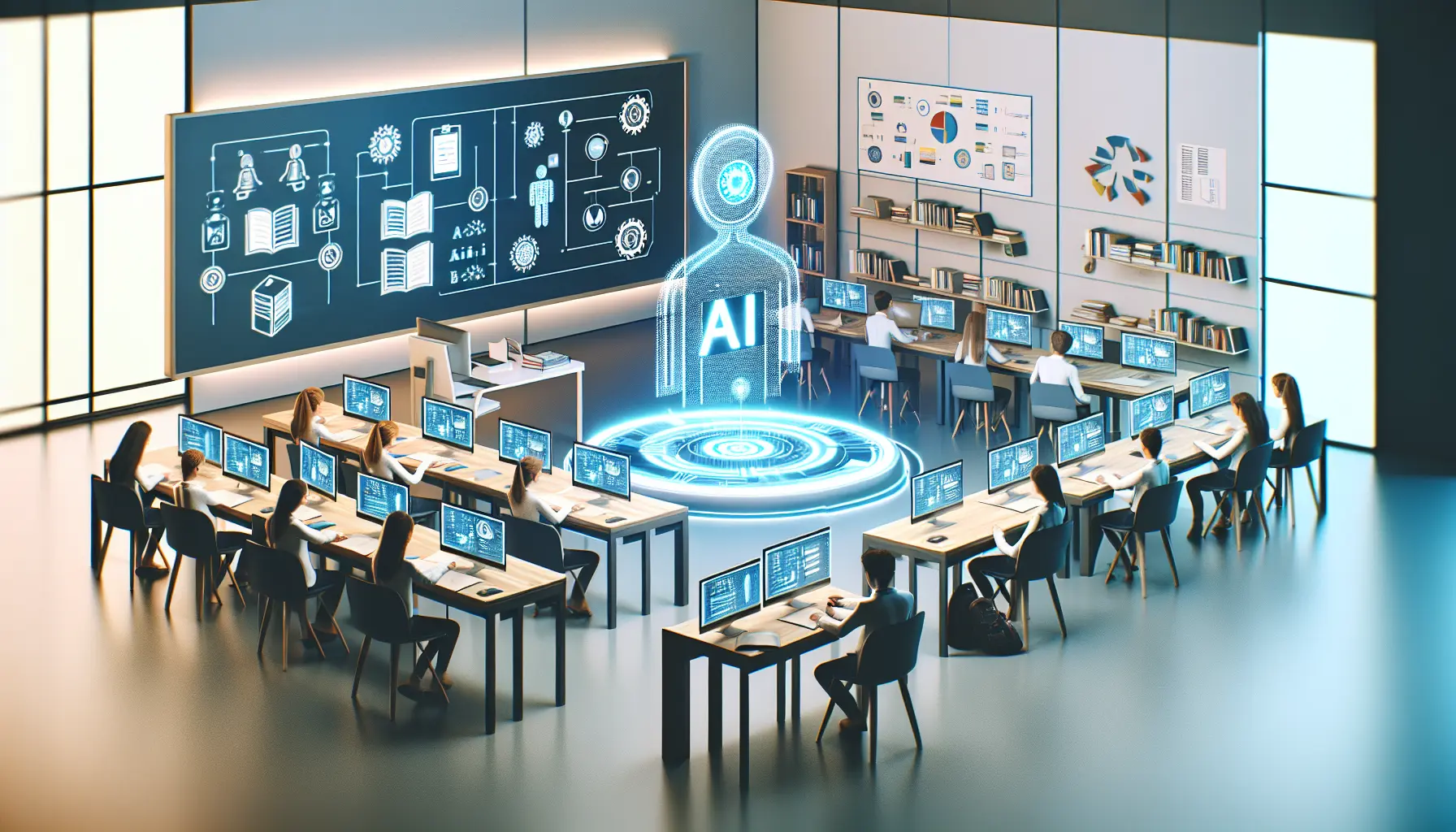 Un'aula moderna con studenti che utilizzano tecnologia avanzata per l'apprendimento