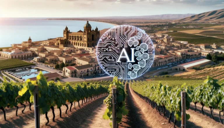 Un vigneto siciliano con droni e tecnologie AI per il monitoraggio delle coltivazioni.