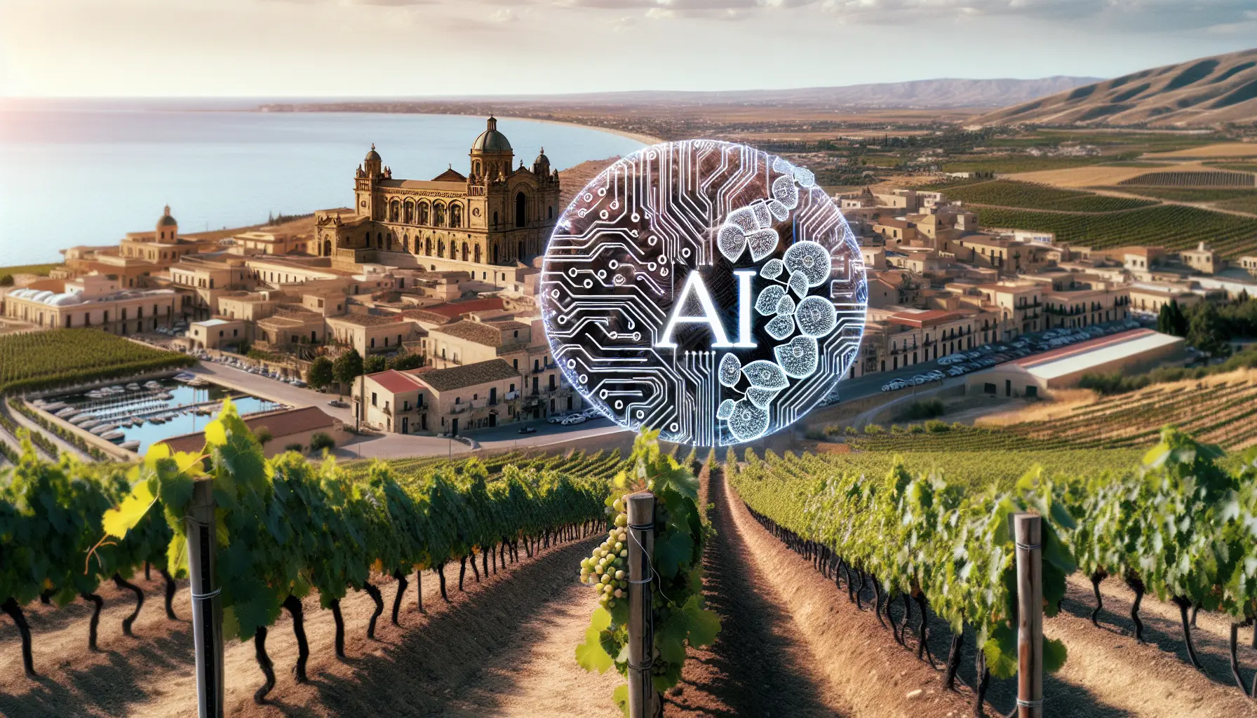 Un vigneto siciliano con droni e tecnologie AI per il monitoraggio delle coltivazioni.