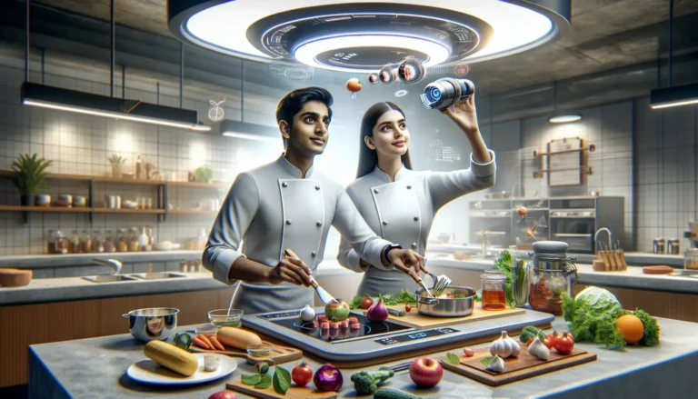 Una cucina moderna con ingredienti freschi e tecnologia avanguardistica.