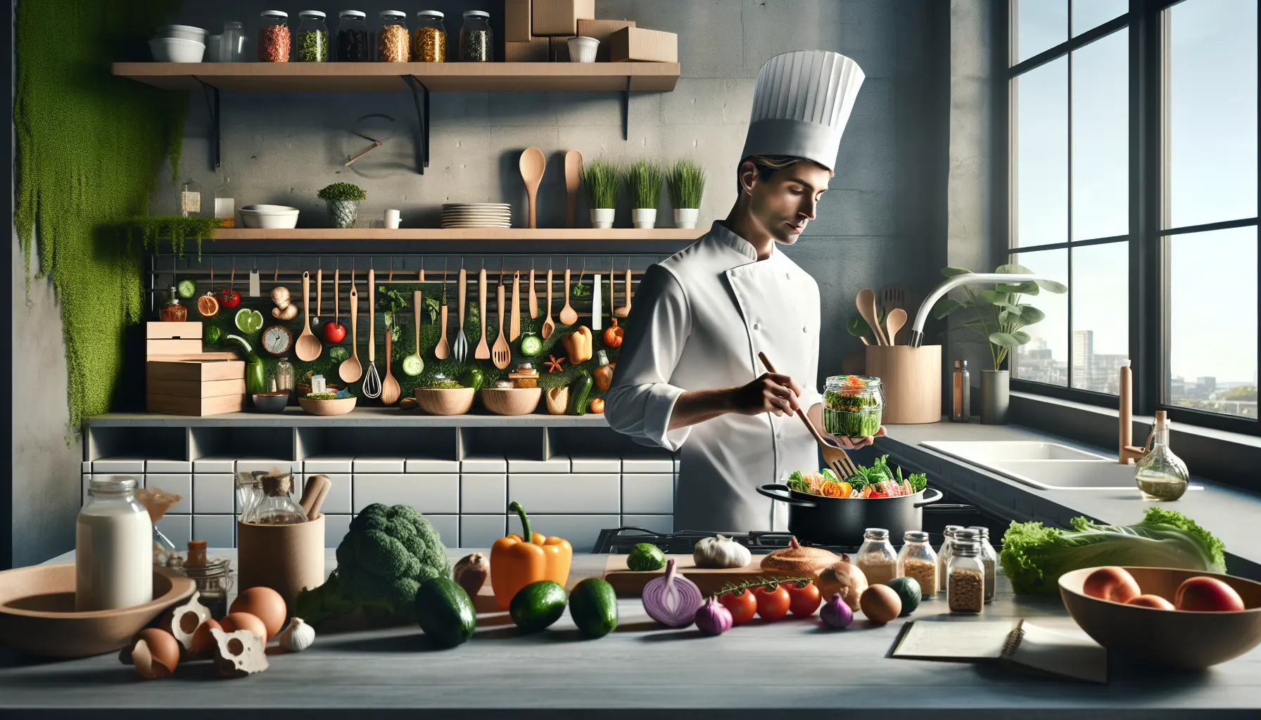 Un piatto gourmet innovativo preparato con ingredienti sostenibili e locali, presentato elegantemente su una tavola raffinata.