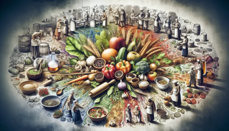 Una tavola imbandita con piatti tipici regionali preparati con ingredienti freschi e stagionali.