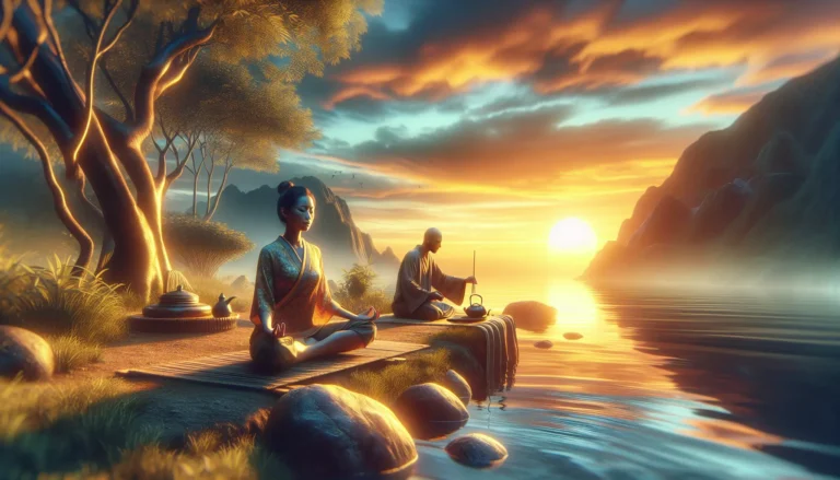 Una persona che medita in un ambiente tranquillo, circondata dalla natura, simbolo di pace e benessere.