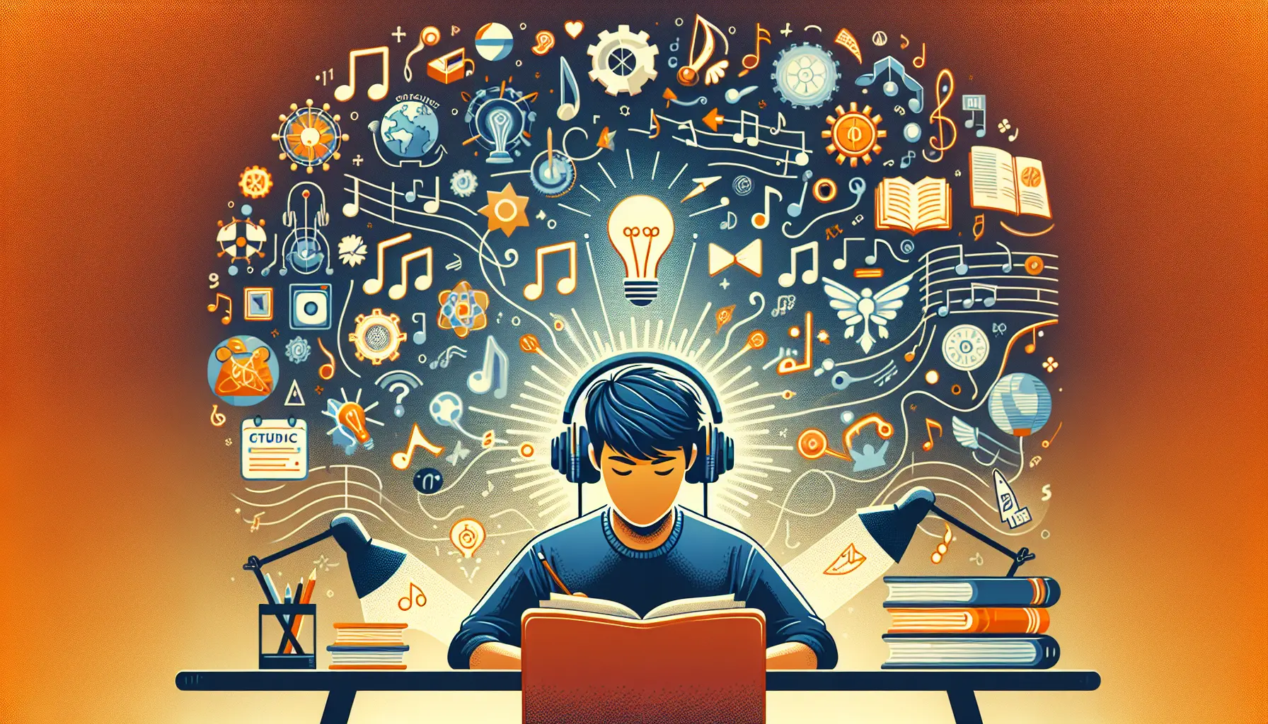 Un giovane studente che studia con le cuffie, immerso nella musica e nei libri, circondato da appunti e materiali di studio.